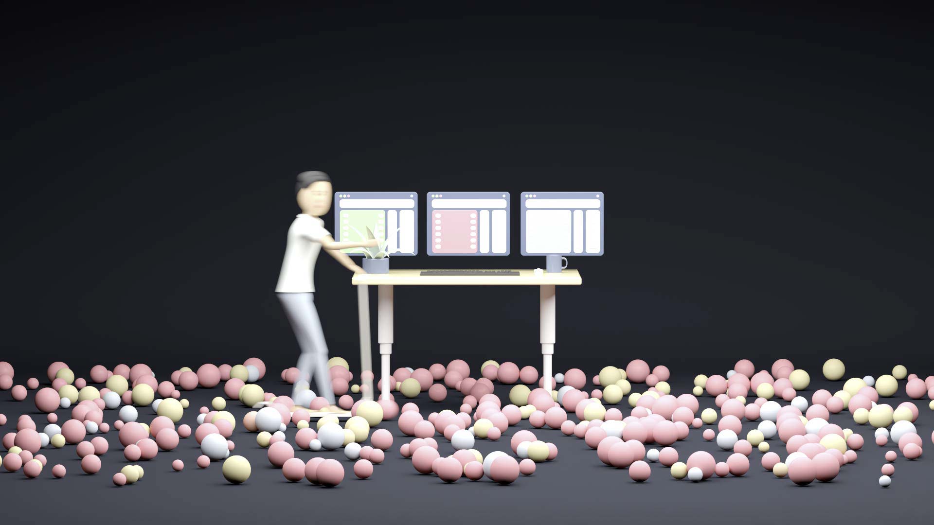 A co-worker enters the workspace represented by a height-adjustable desktop. The co-worker uses an e-scooter. In the room, there are numerous rolling balls representing itesign-developed apps.